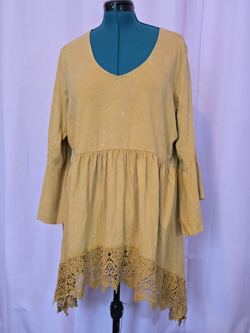 Indigo Thread Mustard Lace-Hem V-Neck Women's Boho Top